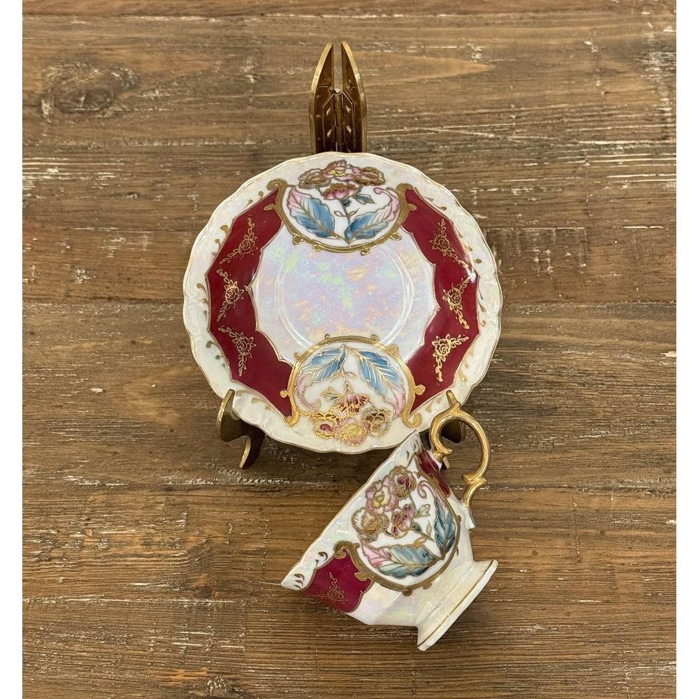 VTG Chiyoda Hin Teacup & Saucer Hand Painted Iridescent Gold Burgundy Floral